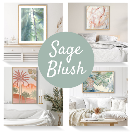 Collection of wall art prints featuring shades of sage green and terracotta.