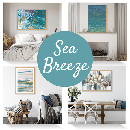 Collection of wall art prints featuring the sea and ocean inspired colours.
