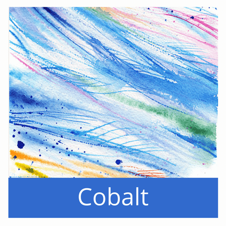 An abstract watercolour artwork with feathery brushstrokes in cobalt blue, red, and gold sweeping across a white background.