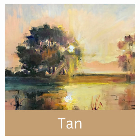 Artwork depicting a river landscape in tan and brown, illuminated by a setting sun, with its amber rays reflected in the water.