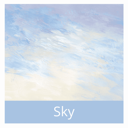 An artwork of a pastel blue sky with wispy clouds creating streaks across the canvas. Sunlight streams through the clouds, casting a luminous glow.