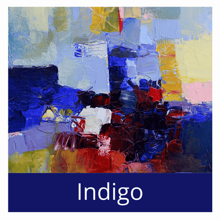 An abstract oil painting featuring large blocky brushstrokes in rich navy blue, indigo, red, and burgundy with a soft pastel blue background above.
