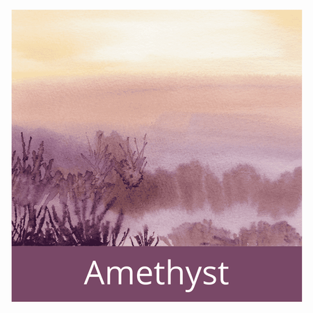 Watercolor artwork of a dawn sky in shades of mauve and amber above a landscape in burgundy, yet to be lit by the rising sun.