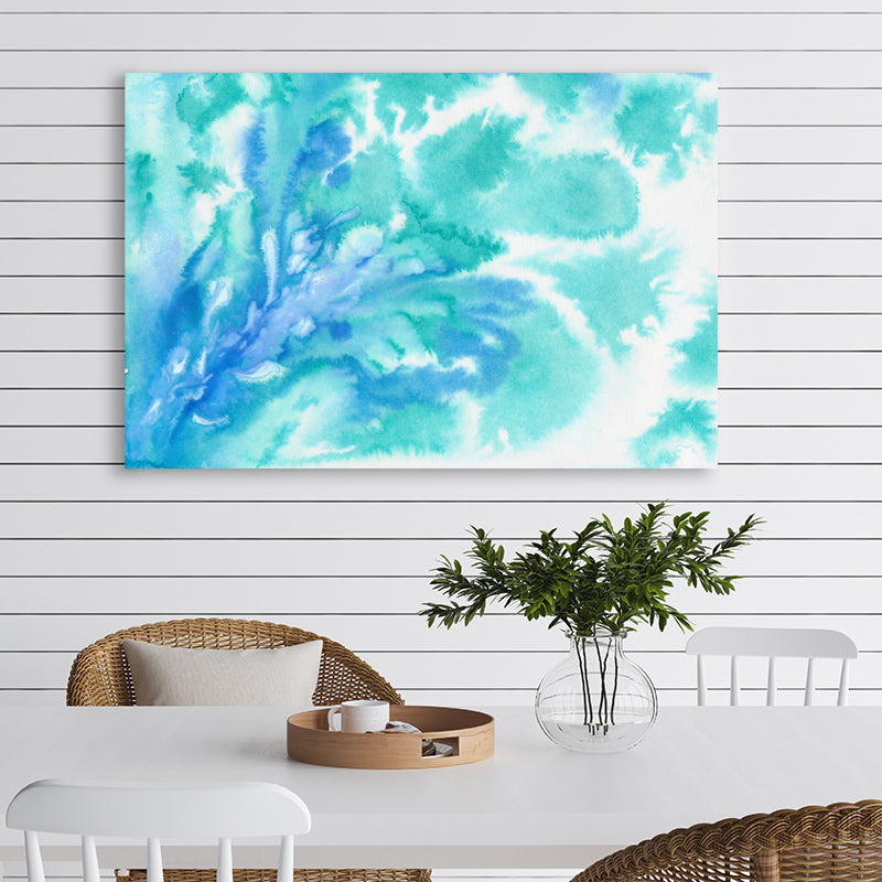 Aquamarine wall art print with watercolour swirls that resemble the graceful movements of seawater, in a coastal interior.