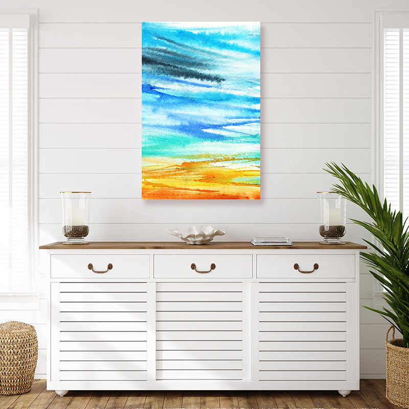 Aqua and gold abstract coastal art print with vivid seaside colours, showcased in a coastal interior.