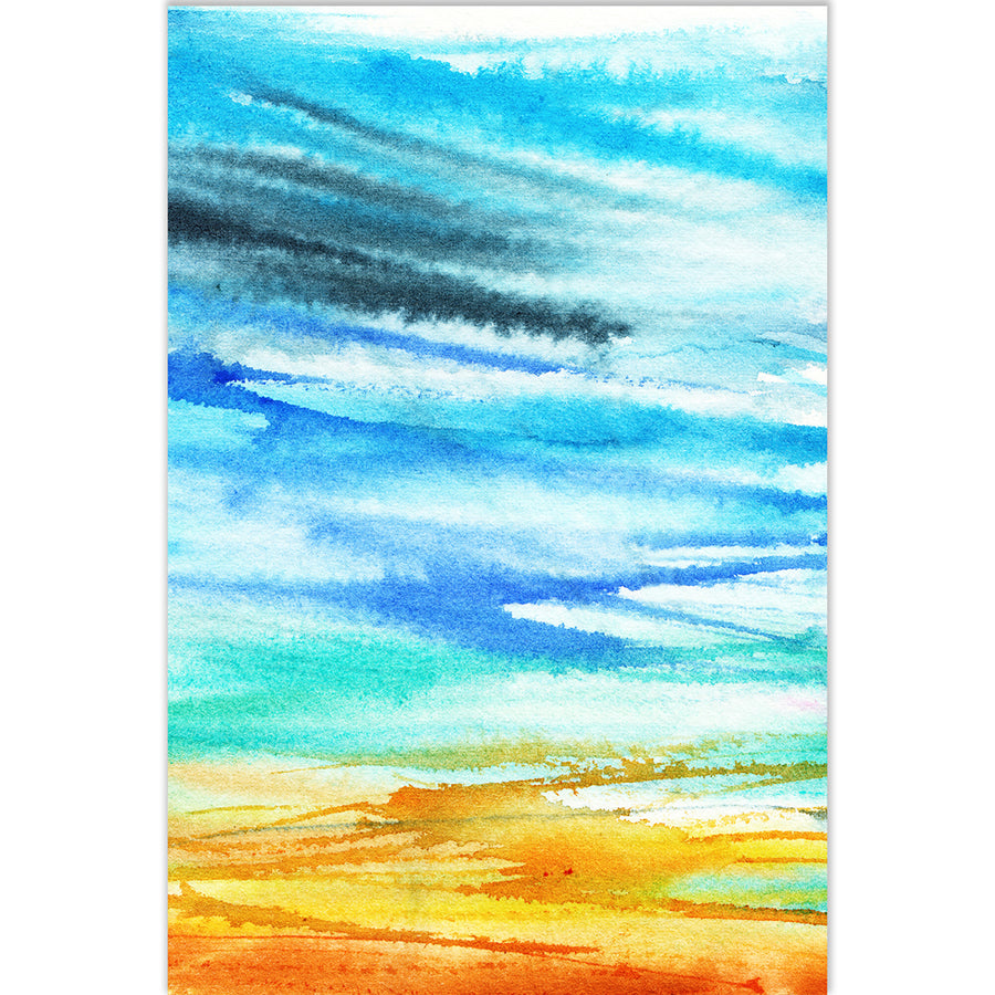 Aqua and gold abstract coastal artwork featuring sweeping brushstrokes in vivid seaside colours.