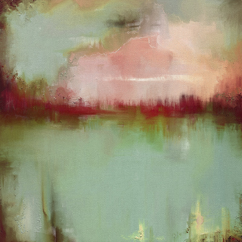 Abstract artwork featuring a sage green lake beneath a crimson red sunset with soft pink clouds above.