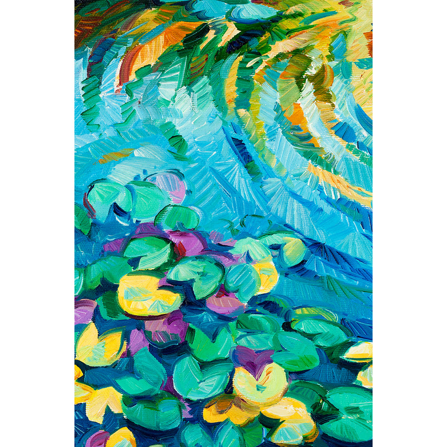 Colourful artwork of an aqua blue lily pond with green and yellow water lily pads, and reflections of palm leaves.