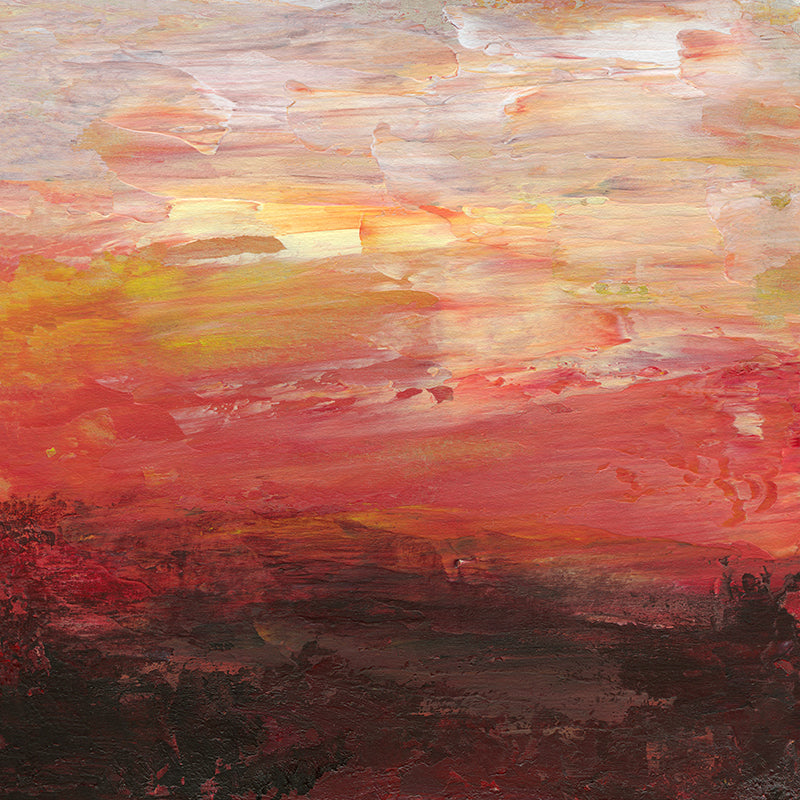 An abstract artwork featuring a fiery brick-red sunset fading into amber and peach twilight tones, above a deep mahogany outback landscape.