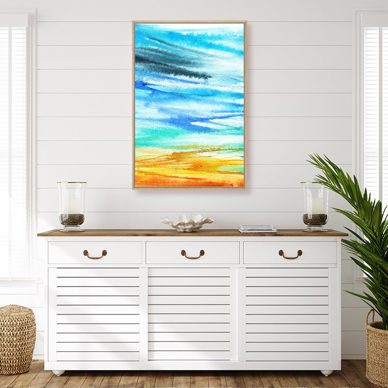 Aqua and gold abstract coastal canvas art print with vivid seaside colours, showcased in a coastal interior.