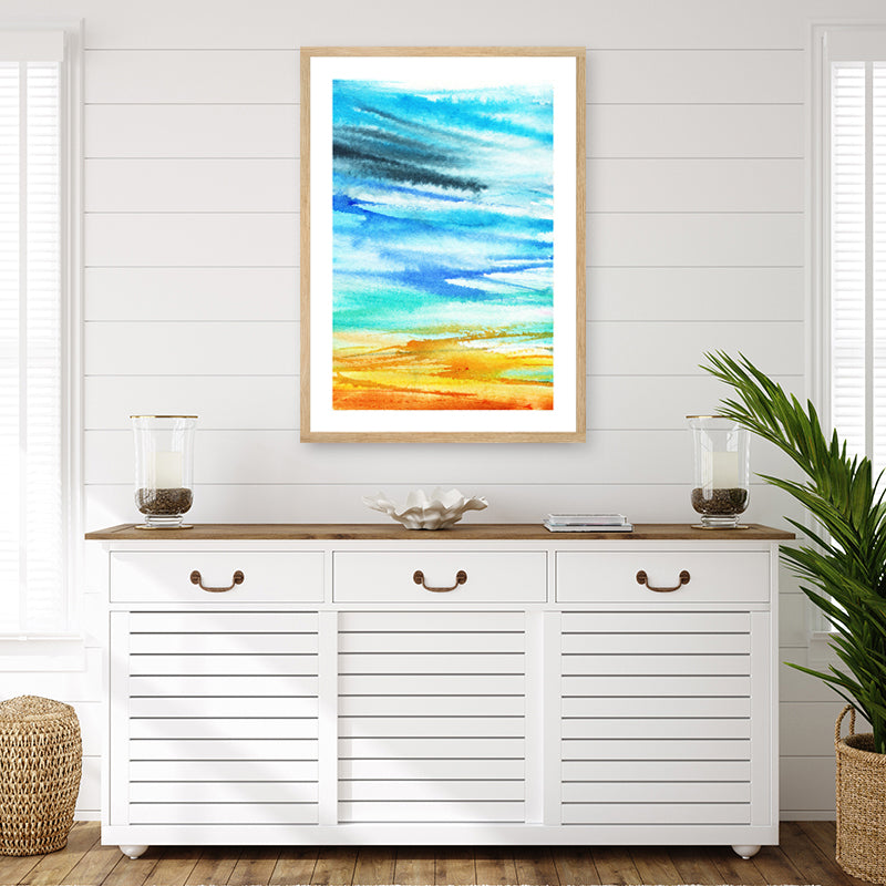 Aqua and gold abstract coastal framed art print with vivid seaside colours, showcased in a coastal interior.