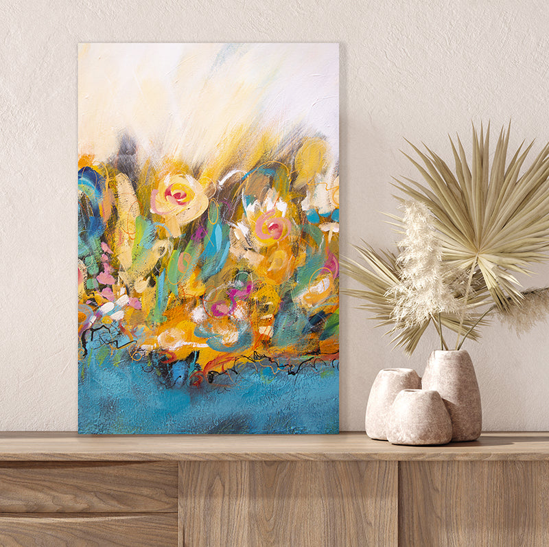 Colourful wall art print with vibrant floral imagery in the rich coastal colours of coral and turquoise.