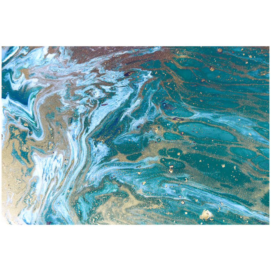 Turquoise and sandy grey fluid artwork using the art of Japanese marbling, resembling surging ocean tides seen from above.