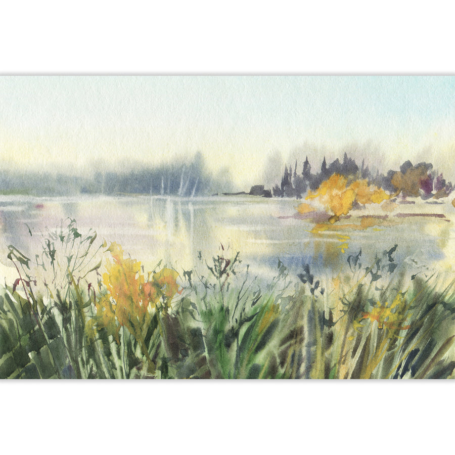 Watercolour landscape artwork with green and gold grass and trees forming soft shadows in the still waters of a lake.