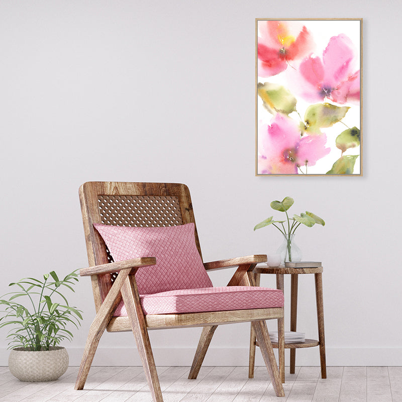 Pink and olive green abstract floral watercolour wall art print in a minimalist interior.